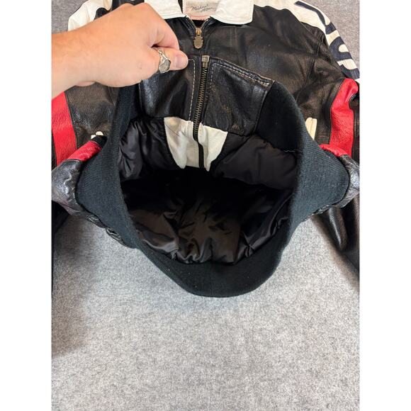 VINTAGE Michael Hoban Where Mi Leather Bomber Jacket Mens Large Black USA Flag - Picture 5 of 6